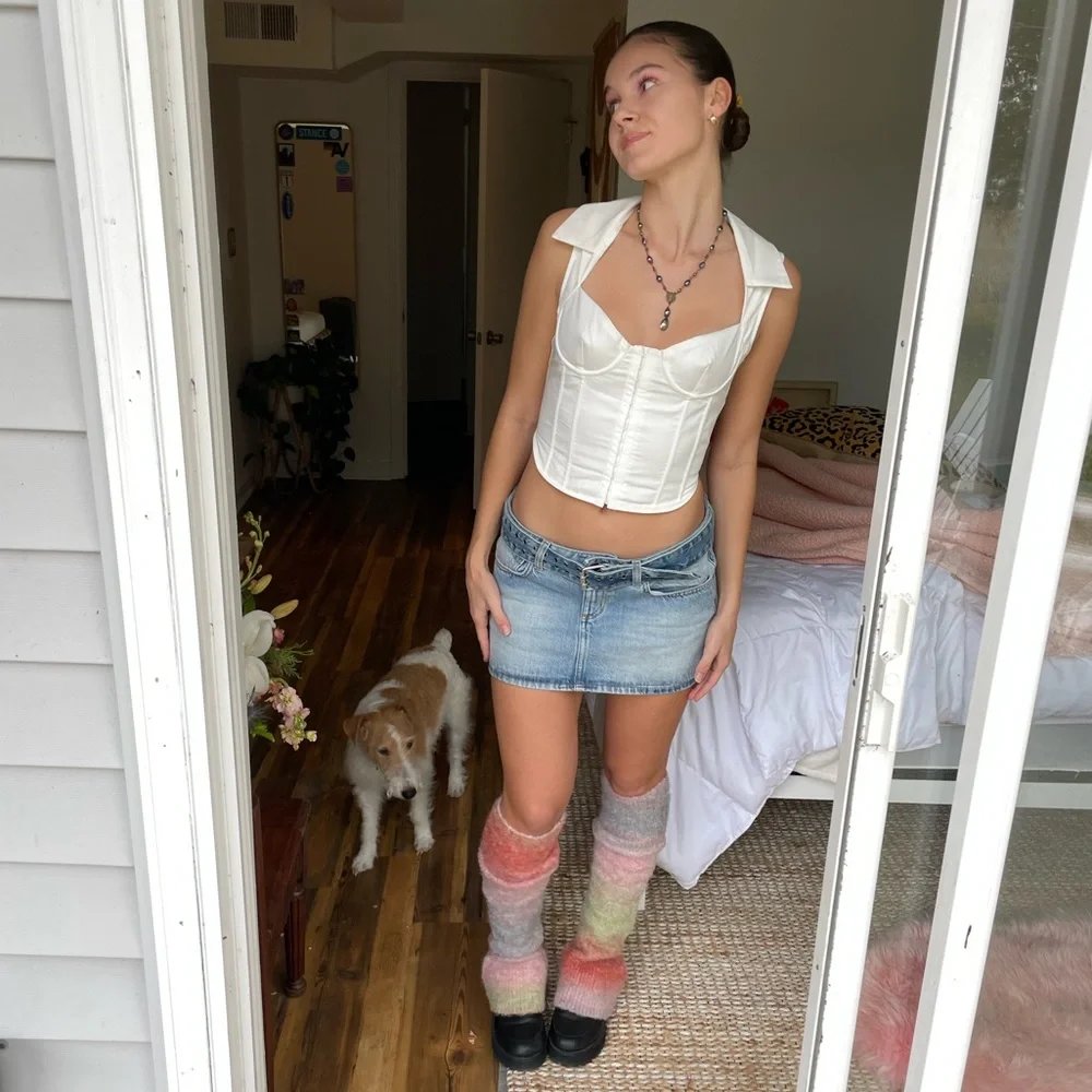 Guizio Light Wash Denim Mini Skirt with Studded Belt - Picture 3 of 3